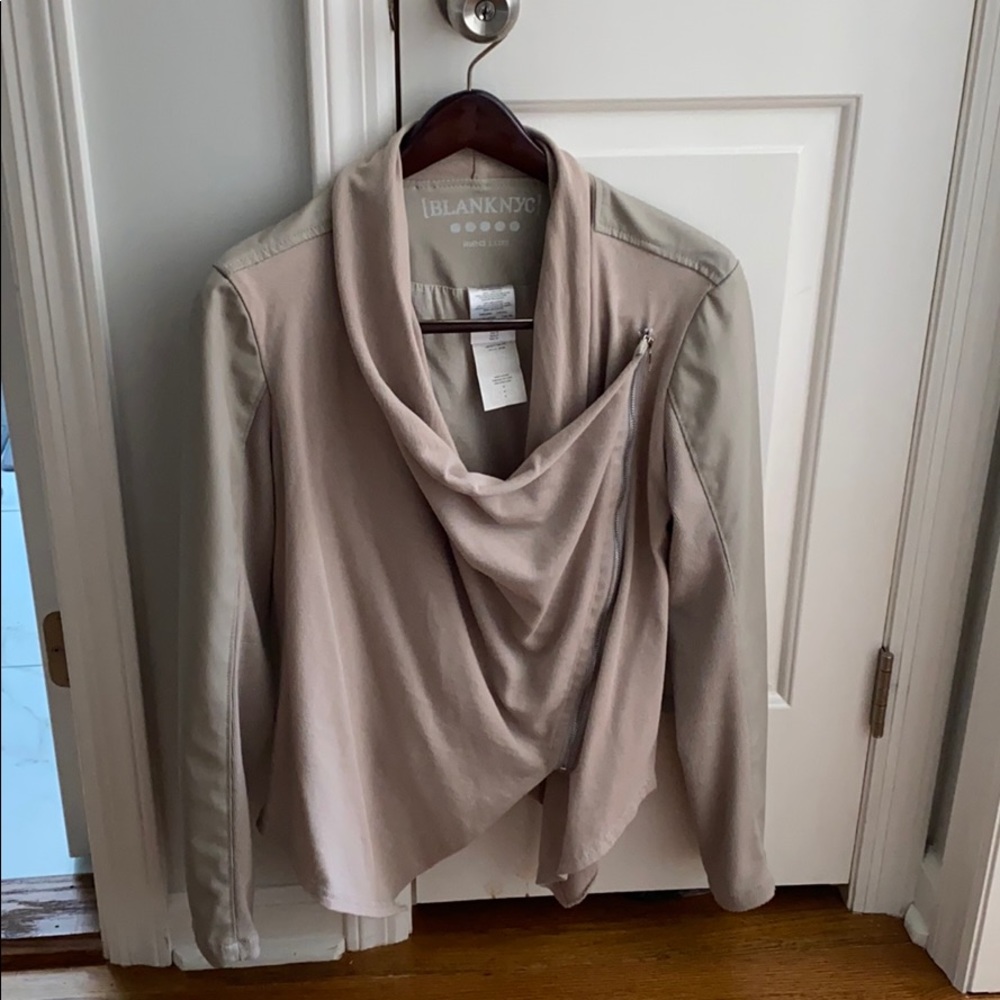 BlankNYC draped jacket tan.  Vegan leather
